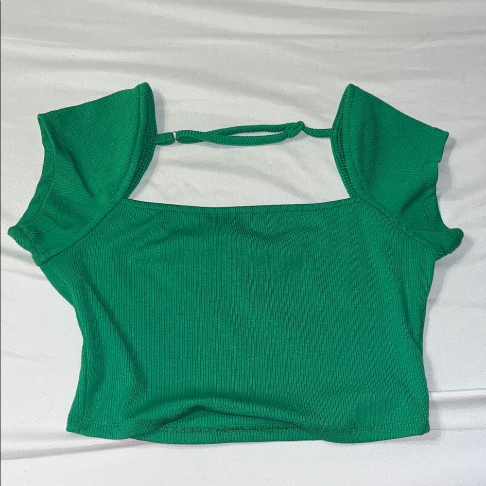 Green Cap Sleeve Crop Blouse with Cut Out
